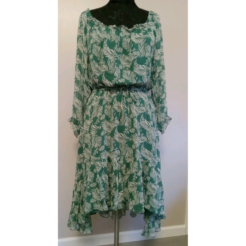 diane von furstenberg Green Ivory Floral Silk Semi Sheer  Ruffle‎ Dress Size 10